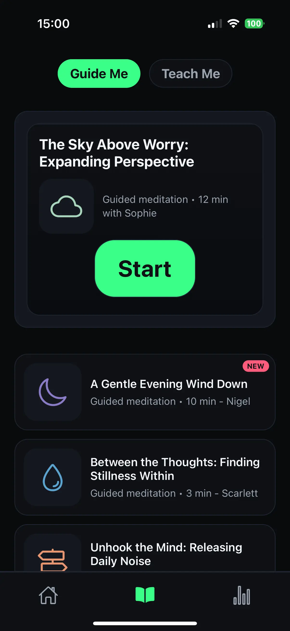 Library tab with guided sessions and meditation lessons.